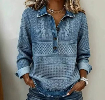Retro Printed Stand Collar Long Sleeve Top – Minimal Elegance | The Simple Co – Women's Tops, minimalist style, quiet luxury aesthetic, modern essential – The Simple Co.