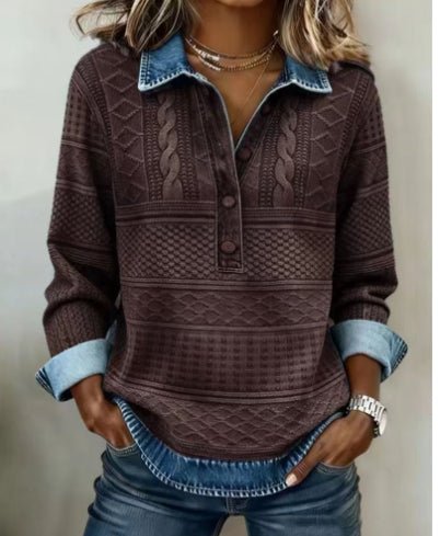 Retro Printed Stand Collar Long Sleeve Top – Minimal Elegance | The Simple Co – Women's Tops, minimalist style, quiet luxury aesthetic, modern essential – The Simple Co.
