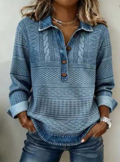 Retro Printed Stand Collar Long Sleeve Top – Minimal Elegance | The Simple Co – Women's Tops, minimalist style, quiet luxury aesthetic, modern essential – The Simple Co.