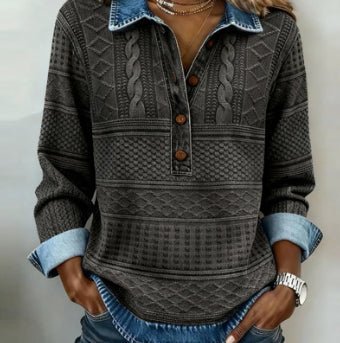 Retro Printed Stand Collar Long Sleeve Top – Minimal Elegance | The Simple Co – Women's Tops, minimalist style, quiet luxury aesthetic, modern essential – The Simple Co.