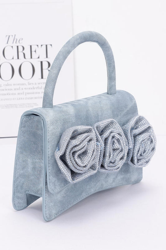 Rhinestone flower statement handbag detail view