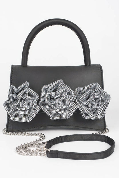 Rhinestone flower statement handbag detail view
