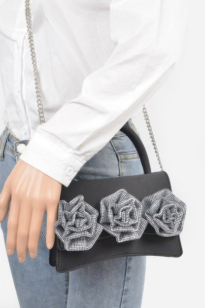 Rhinestone flower statement handbag detail view