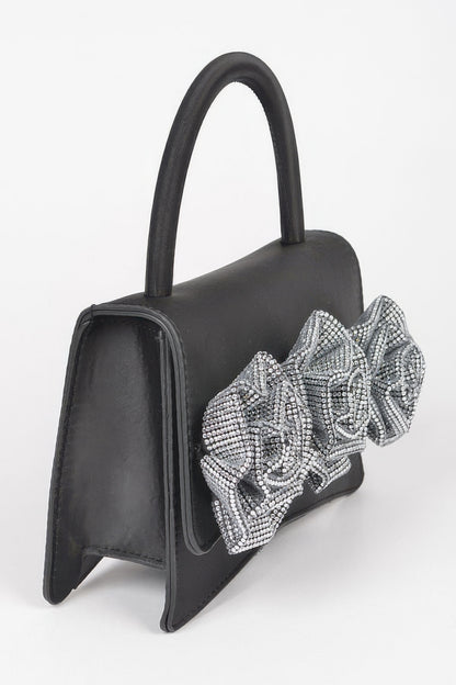 Rhinestone flower statement handbag detail view