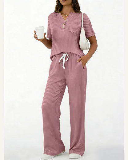 Ribbed Knit Top & Pant Set — Pink