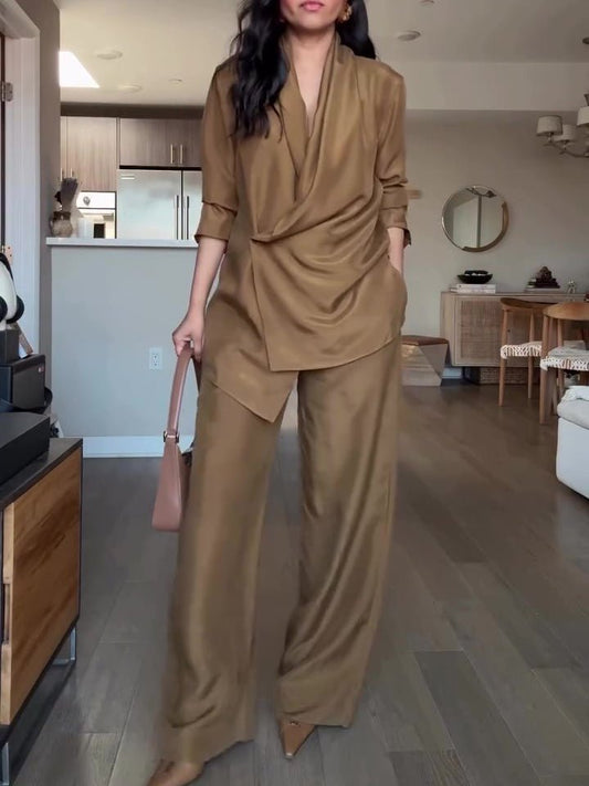 Satin wrap blouse and wide-leg pants set for women's coordinated outfits - The Simple Co.