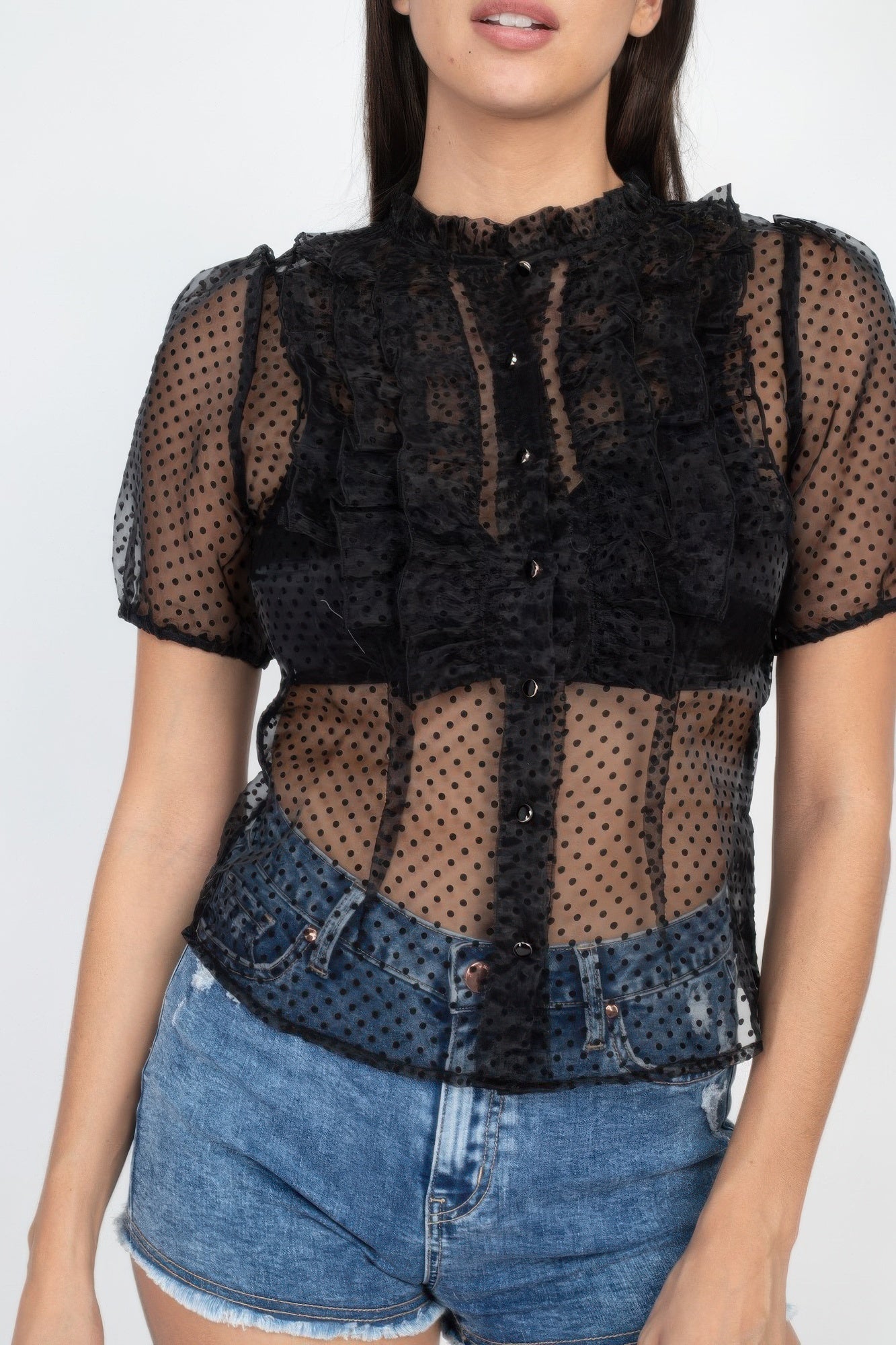 Sheer Ruffle-Trim Polka-Dot Top – Tops, minimalist style, quiet luxury aesthetic, modern essential – The Simple Co.