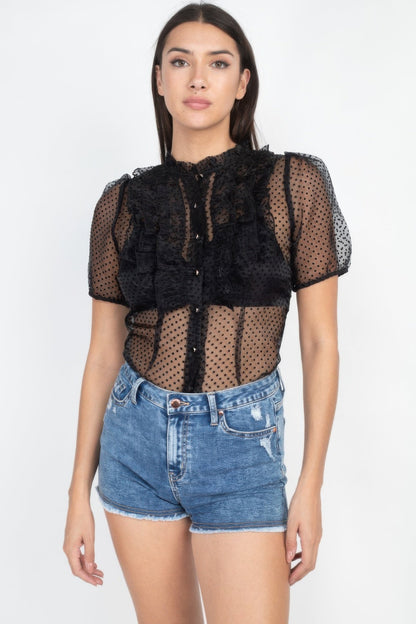 Sheer Ruffle-Trim Polka-Dot Top – Tops, minimalist style, quiet luxury aesthetic, modern essential – The Simple Co.