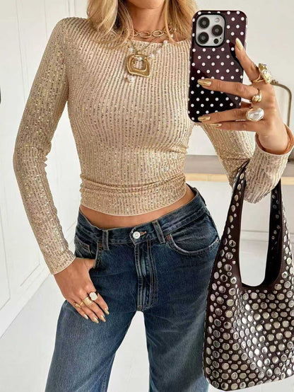 Shiny Sequin Long Sleeve Top - Glamorous Party Wear – Minimal Elegance | The Simple Co – Women's Tops, minimalist style, quiet luxury aesthetic, modern essential – The Simple Co.