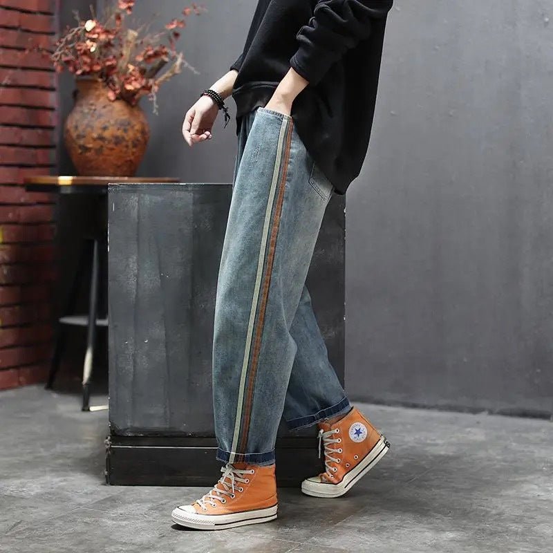 Side Striped Patchwork Jeans - 2026 Winter Collection Artsy Denim Pants – Minimal Elegance | The Simple Co – Bottoms, minimalist style, quiet luxury aesthetic, modern essential – The Simple Co.