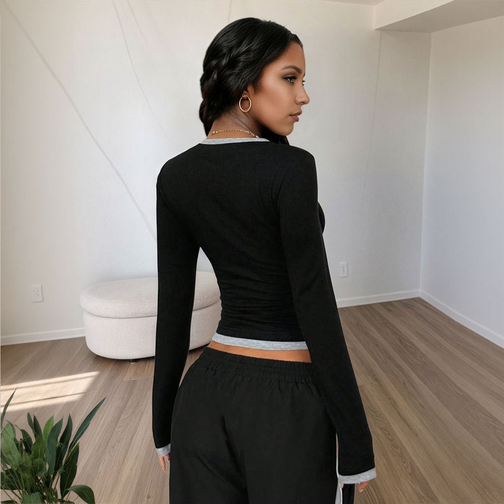 Slim - Fit Long - Sleeve Color - Blocked T-Shirt – Minimal Elegance | The Simple Co – Women's Tops, minimalist style, quiet luxury aesthetic, modern essential – The Simple Co.