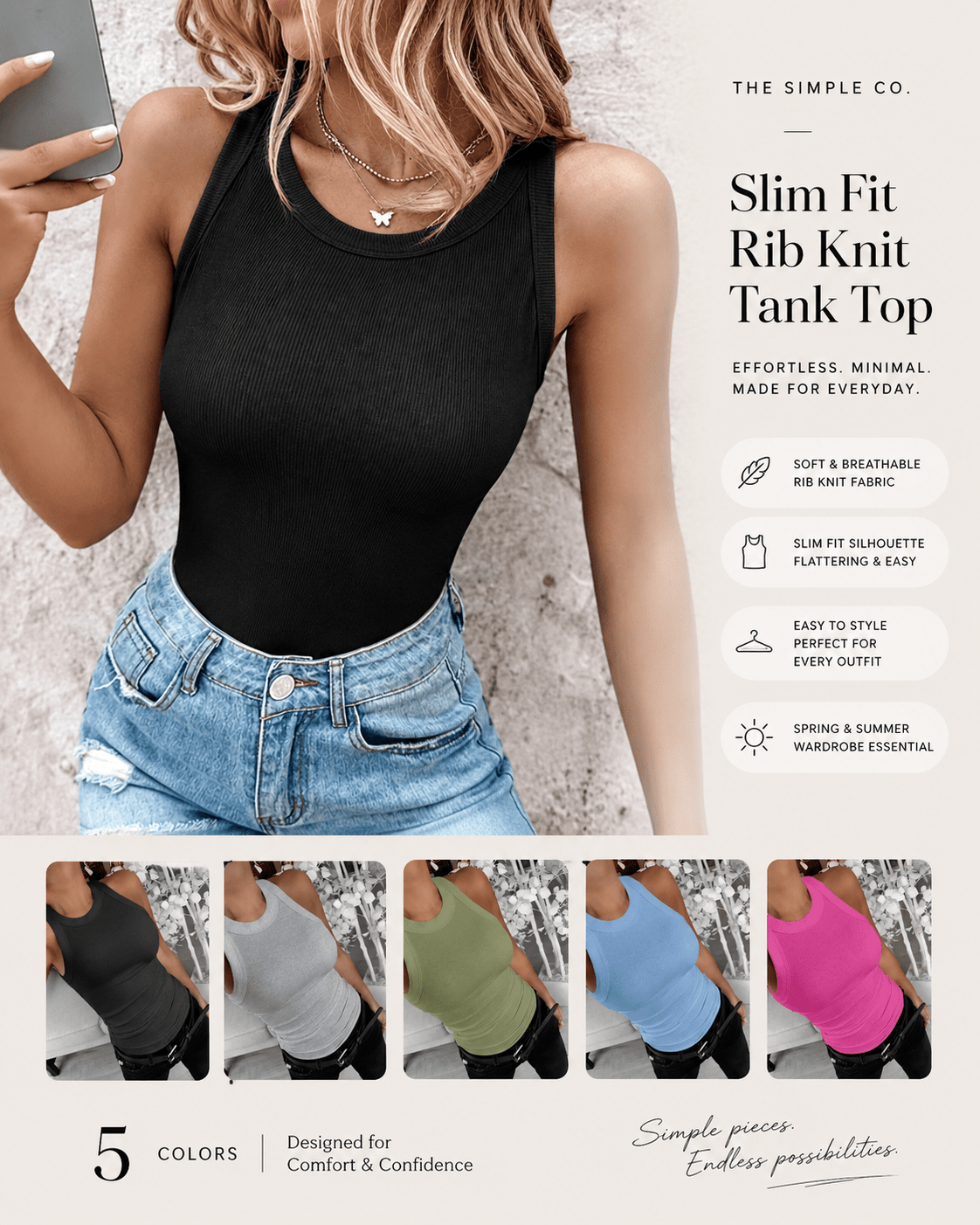 Slim Fit Sleeveless Rib Knit Tank Top - Everyday Minimal Top | The Simple Co. – Apparel & Accessories > Clothing > Shirt, minimalist style, quiet luxury aesthetic, modern essential – The Simple Co.