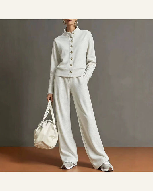 Stand-Collar Cardigan & Wide-Leg Pant Set