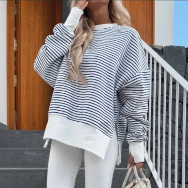 Striped Sweatshirt Size Slit Long – Minimal Elegance | The Simple Co – Practical cottage, minimalist style, quiet luxury aesthetic, modern essential – The Simple Co.