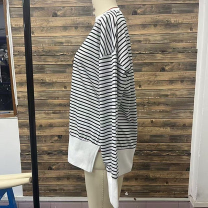Striped Sweatshirt Size Slit Long – Minimal Elegance | The Simple Co – Practical cottage, minimalist style, quiet luxury aesthetic, modern essential – The Simple Co.