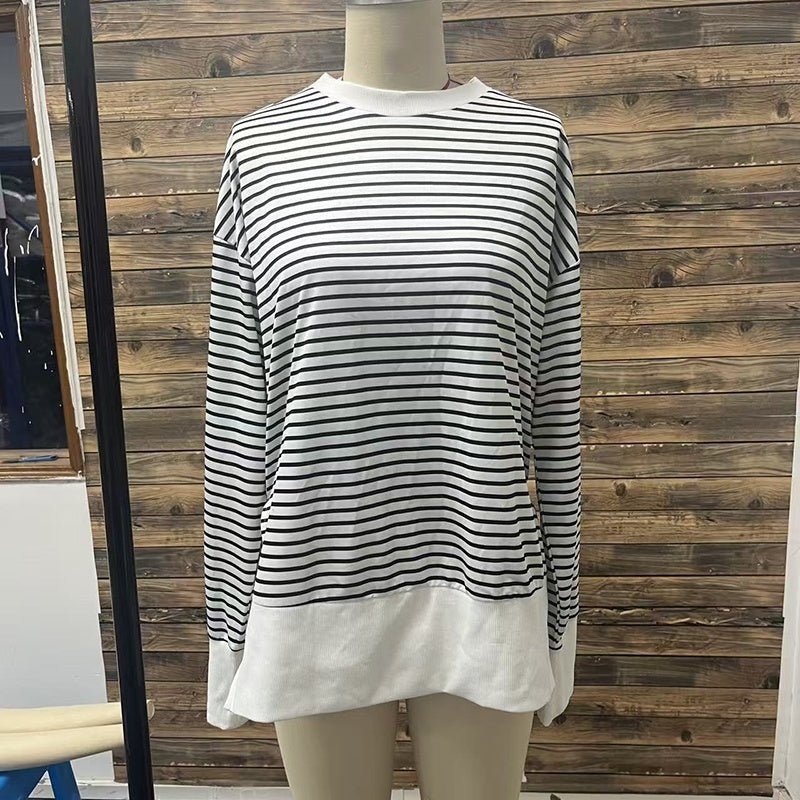 Striped Sweatshirt Size Slit Long – Minimal Elegance | The Simple Co – Practical cottage, minimalist style, quiet luxury aesthetic, modern essential – The Simple Co.