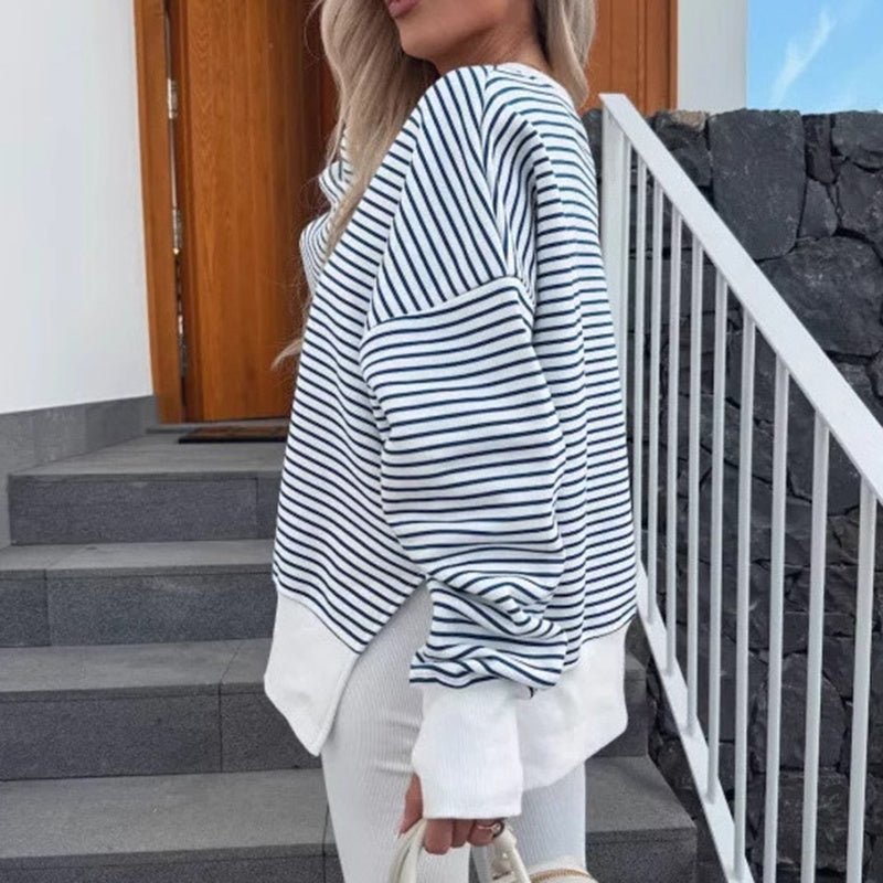 Striped Sweatshirt Size Slit Long – Minimal Elegance | The Simple Co – Practical cottage, minimalist style, quiet luxury aesthetic, modern essential – The Simple Co.