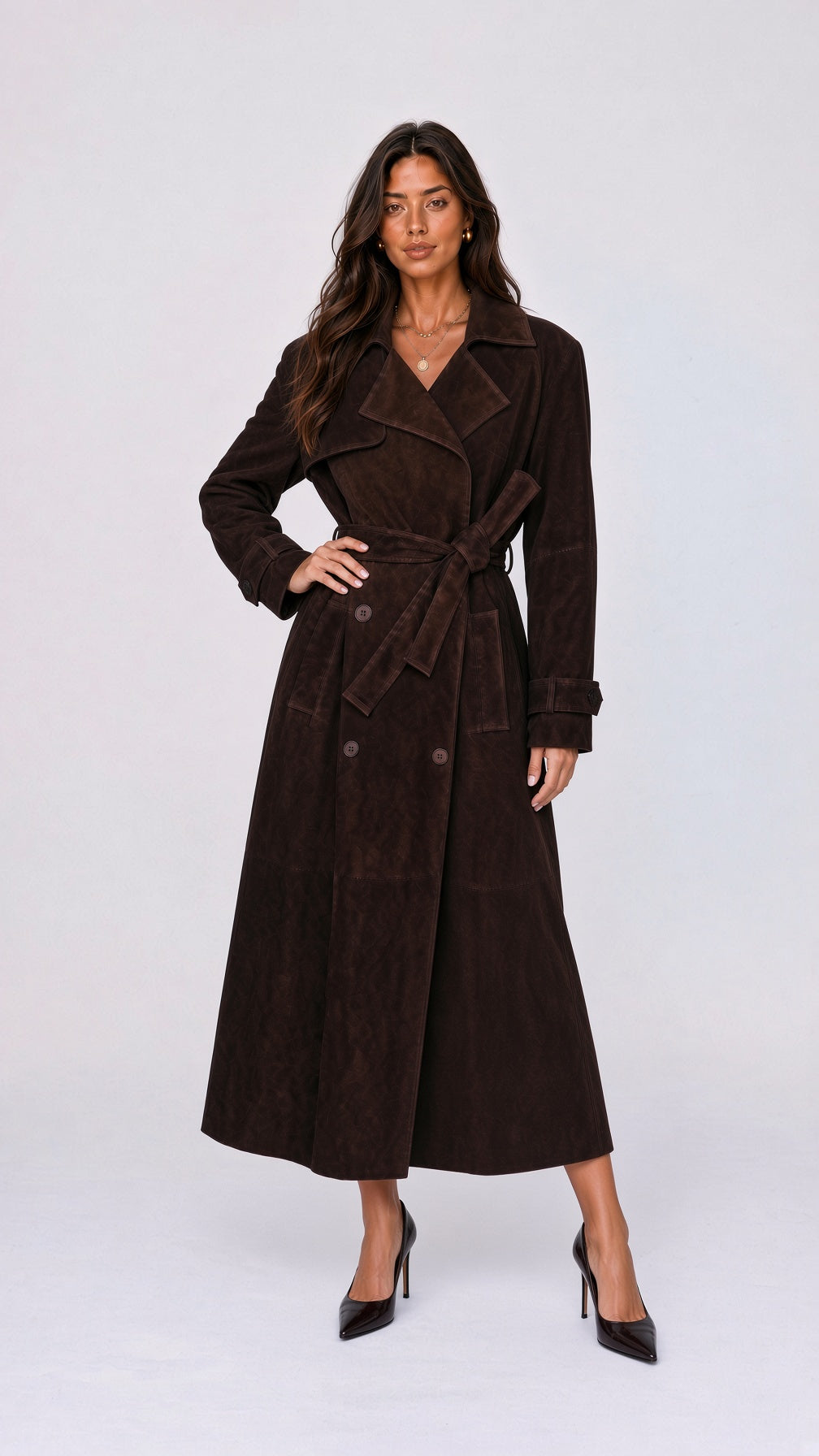 Suede-Effect Belted Trench Coat