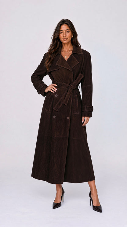 Suede-Effect Belted Trench Coat