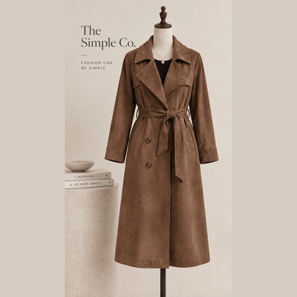 Suede-Effect Belted Trench Coat in brown, front view on a mannequin