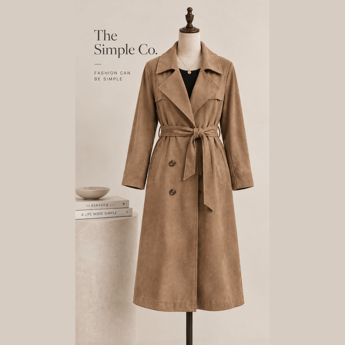 Suede-Effect Belted Trench Coat in light brown, front view on a mannequin