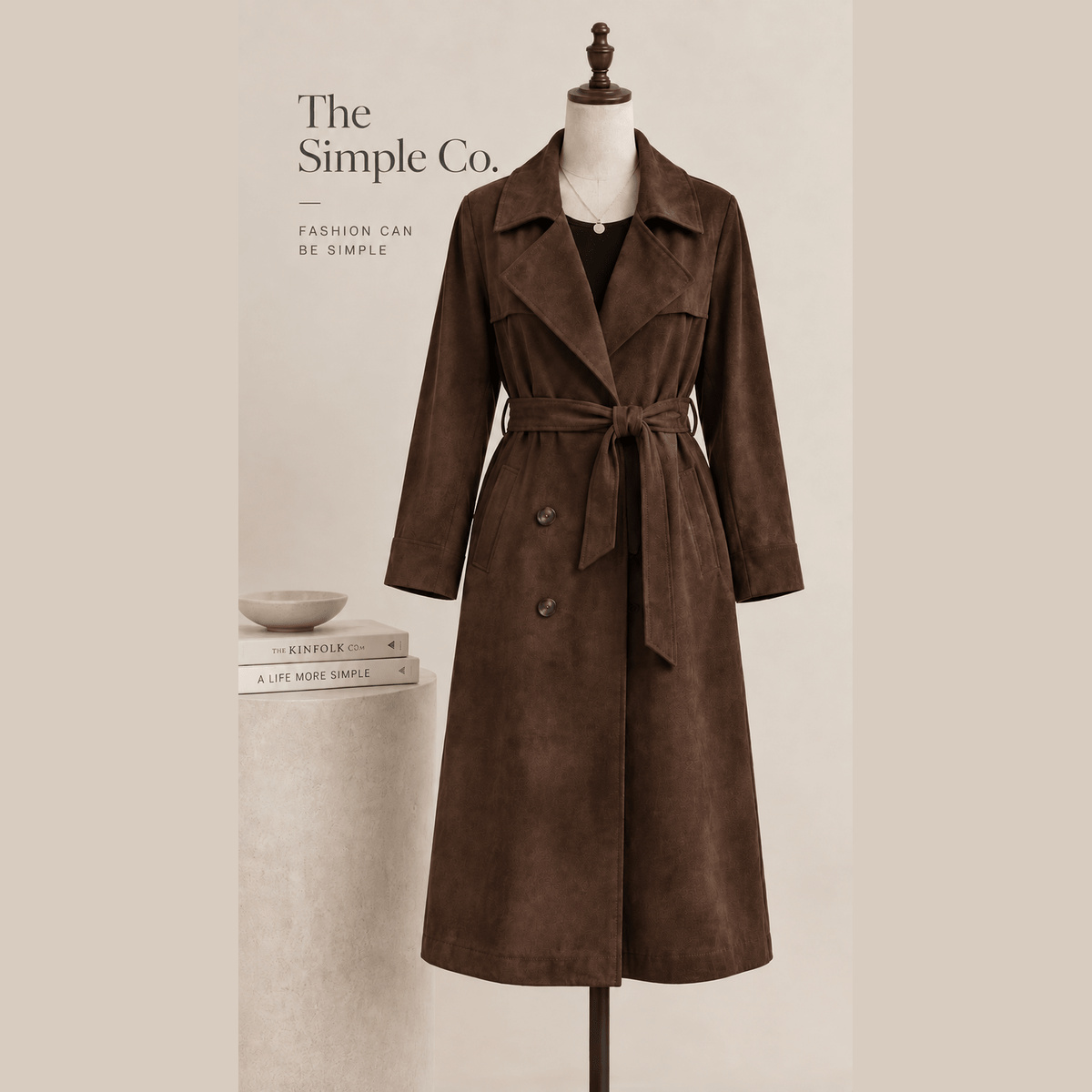 Suede-Effect Belted Trench Coat in dark brown, front view on a mannequin
