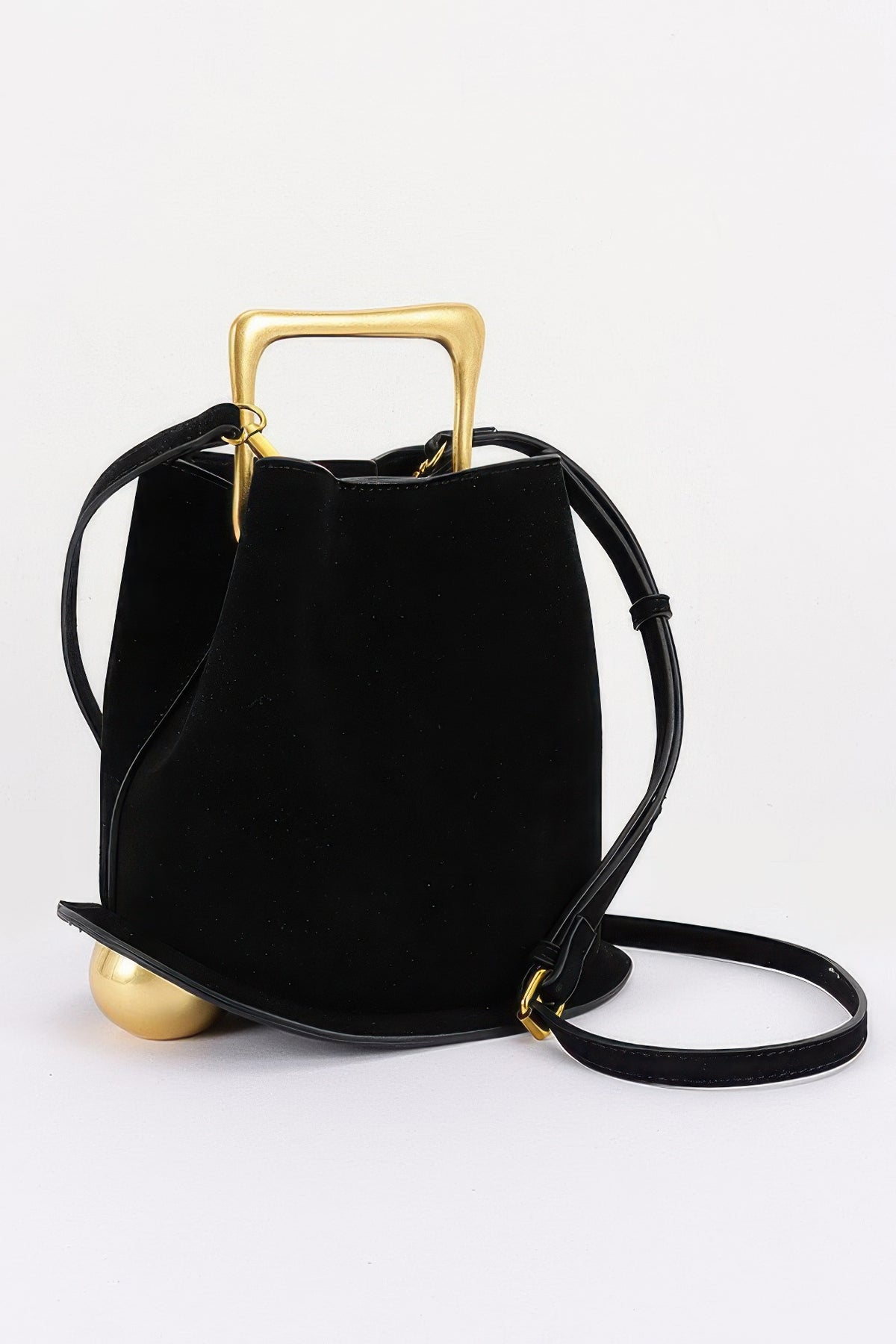 Suede effect metal handle handbag detail view