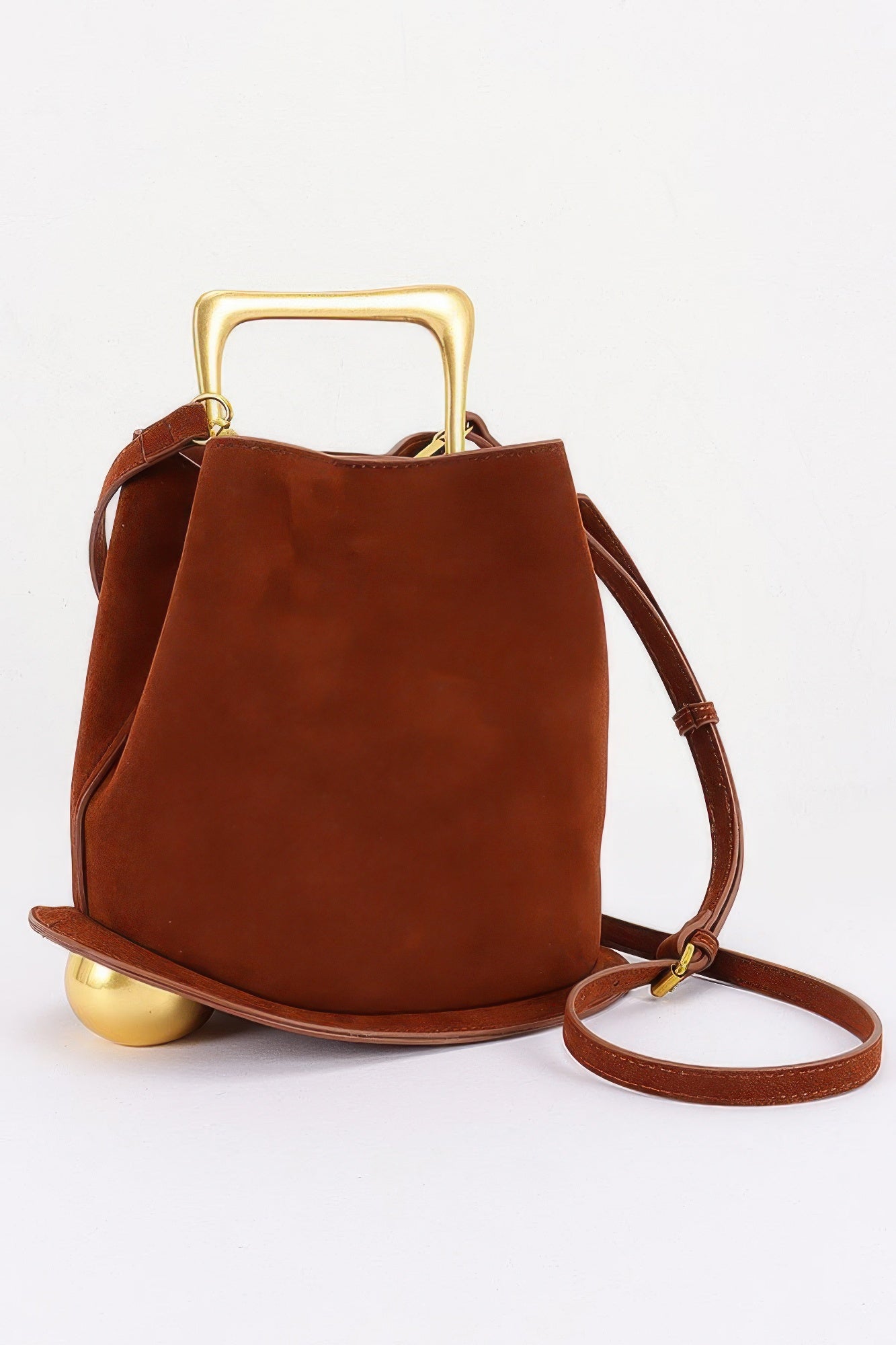 Suede effect metal handle handbag detail view