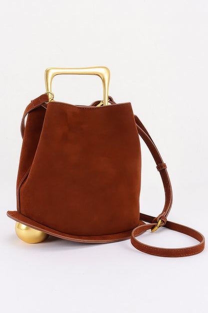 Suede effect metal handle handbag detail view