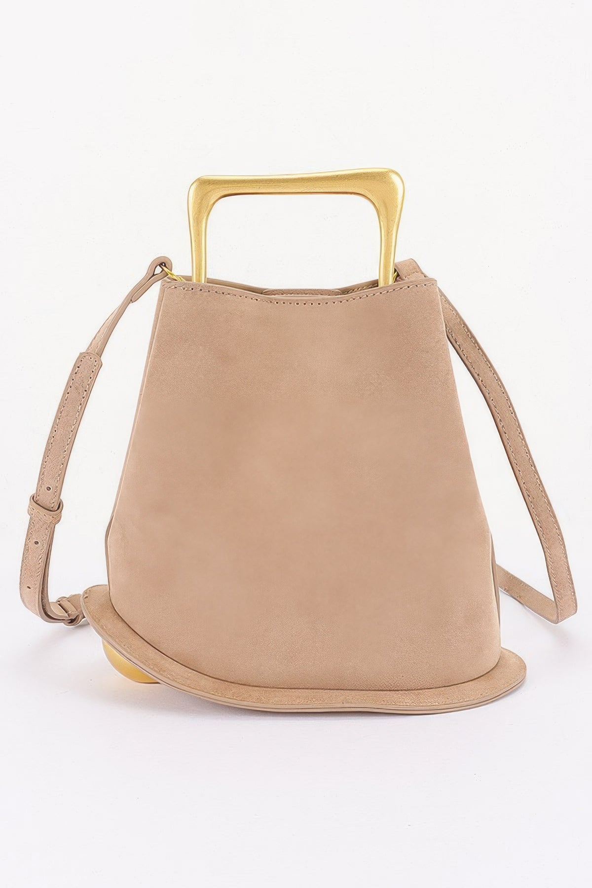 Suede effect metal handle handbag detail view
