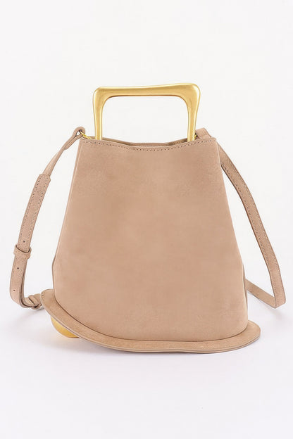 Suede effect metal handle handbag detail view