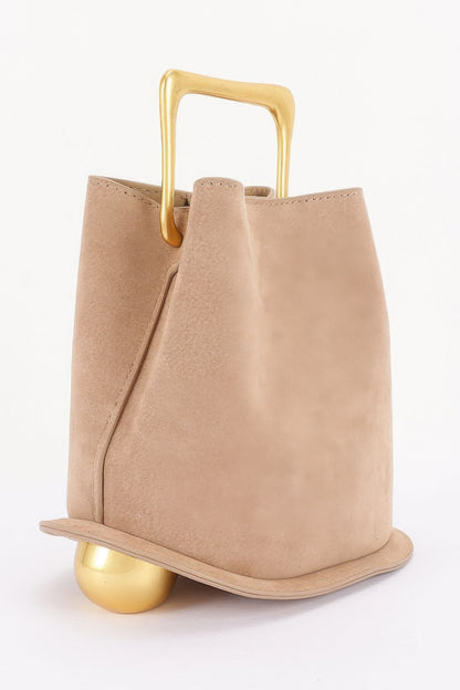 Suede effect metal handle handbag detail view