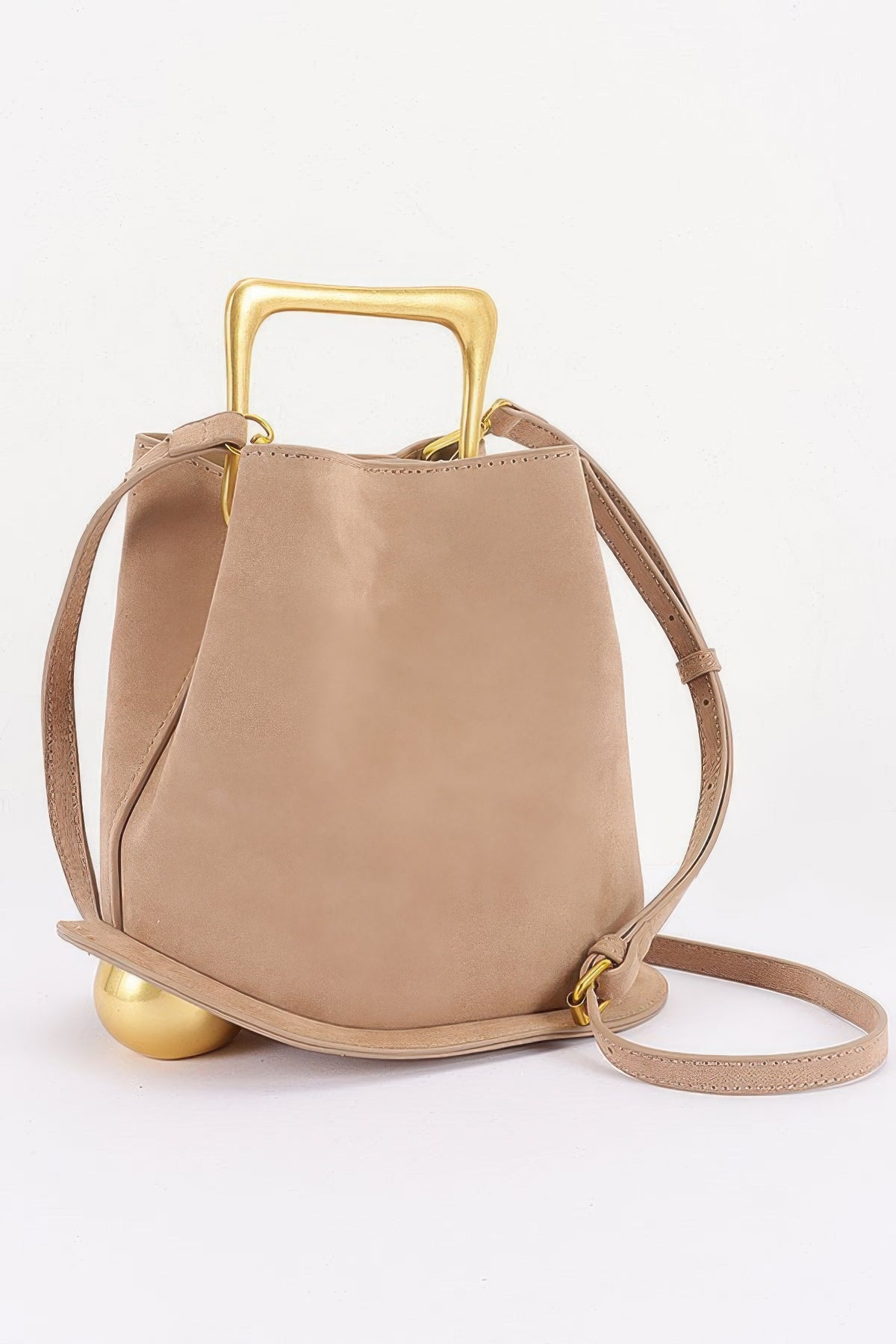 Suede effect metal handle handbag detail view