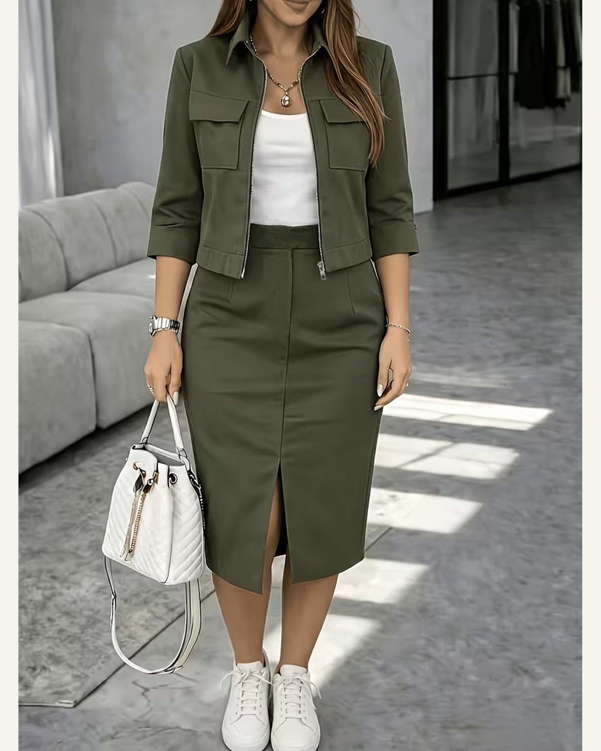 Tailored Coat & Slit-Skirt Set — army green view