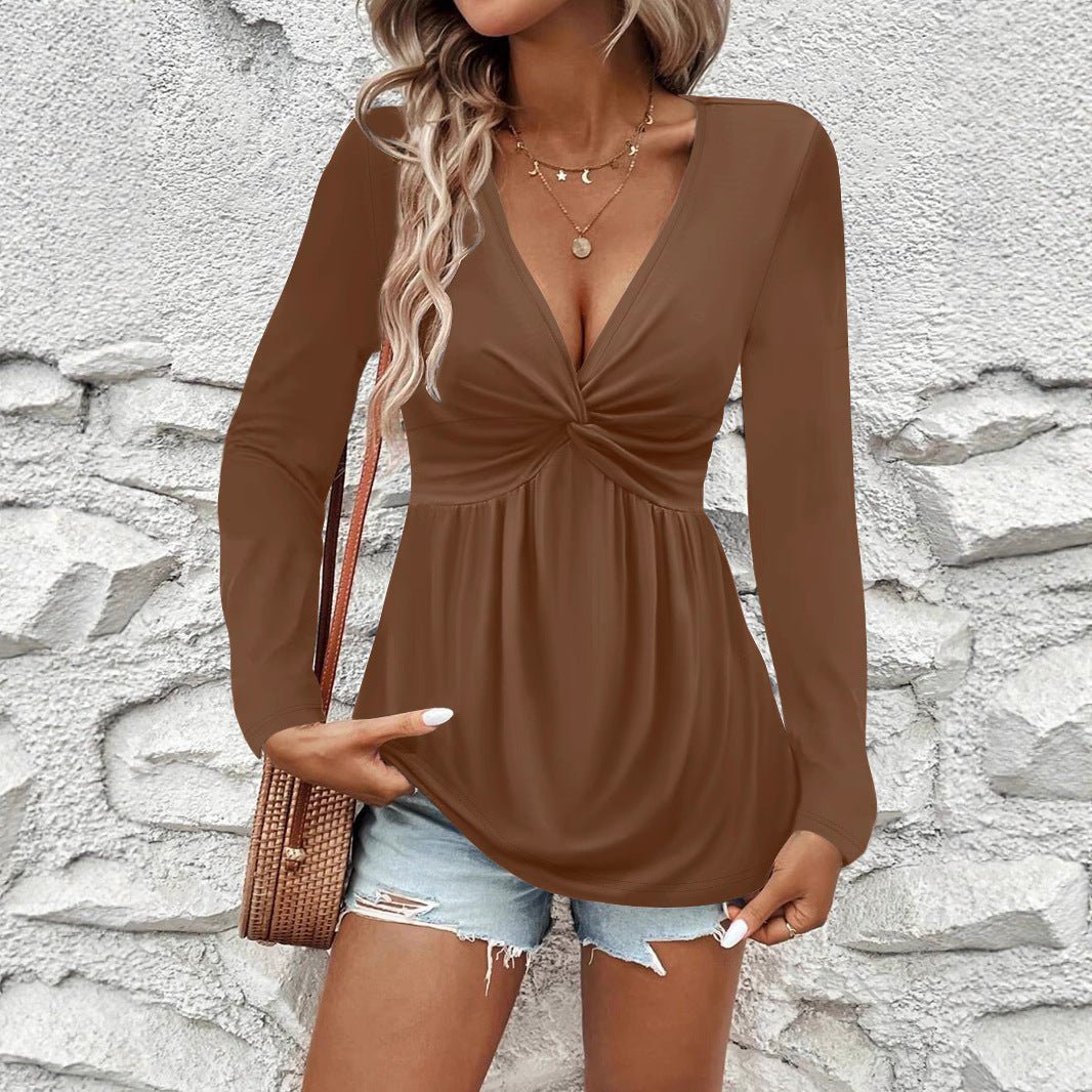 Twist - Knit V - Neck Long Sleeve Top - Streetwear Style – Minimal Elegance | The Simple Co – Women's Tops, minimalist style, quiet luxury aesthetic, modern essential – The Simple Co.