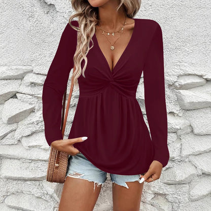 Twist - Knit V - Neck Long Sleeve Top - Streetwear Style – Minimal Elegance | The Simple Co – Women's Tops, minimalist style, quiet luxury aesthetic, modern essential – The Simple Co.