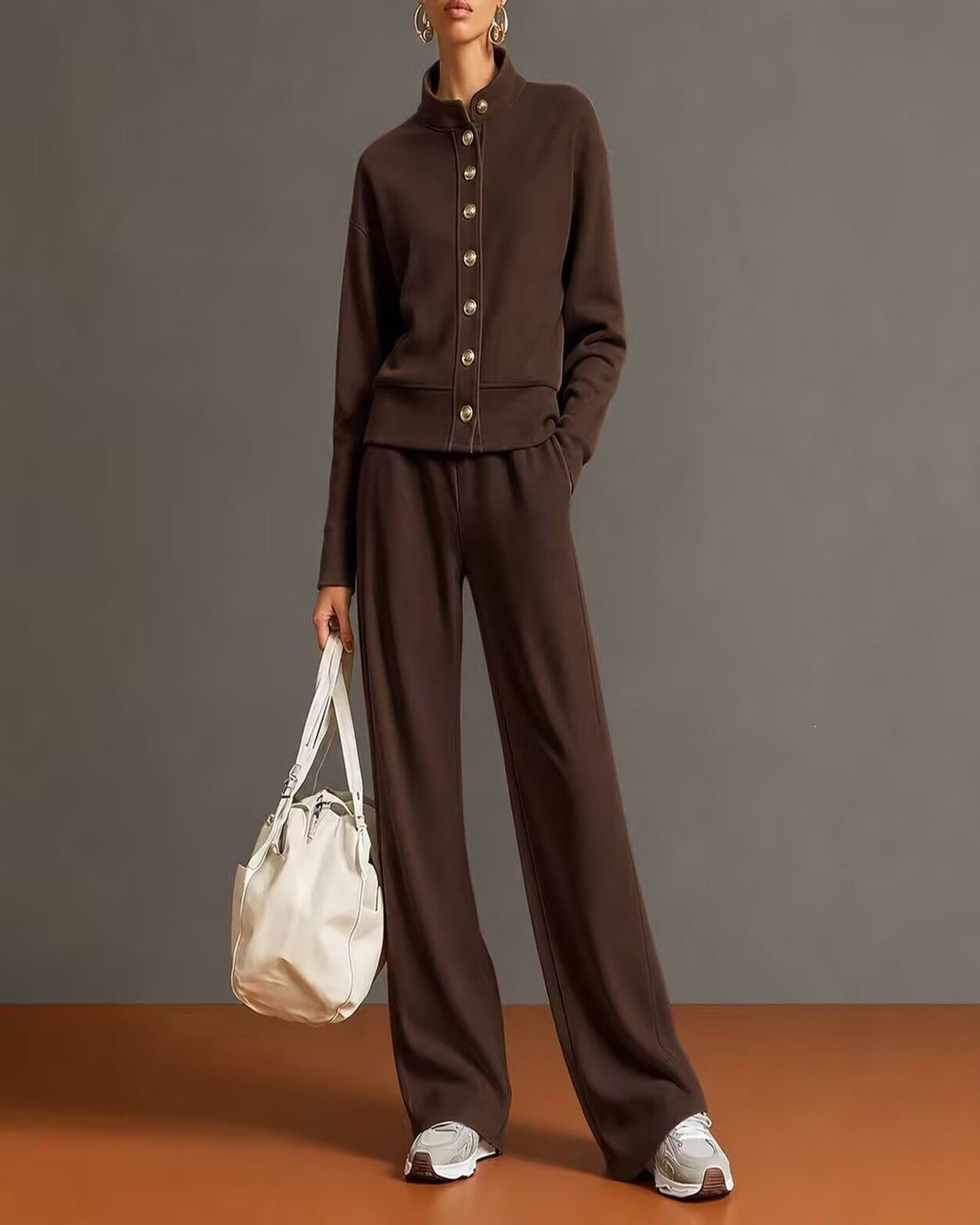 Stand-Collar Cardigan & Wide-Leg Pant Set — Dark Brown — 1600x2000