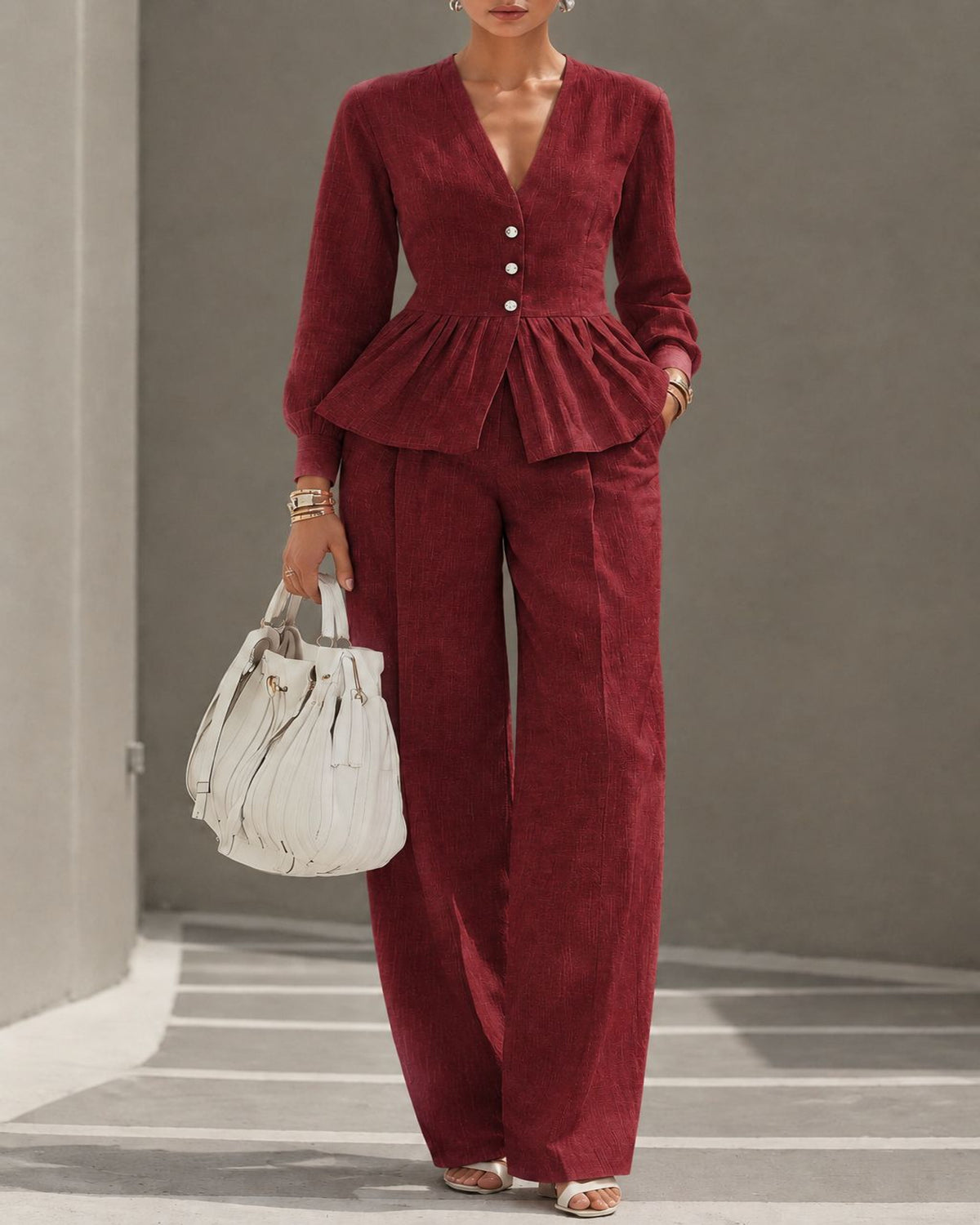 V-Neck Long-Sleeve Top & Wide-Leg Pant Set — Wine Red — 1600x2000