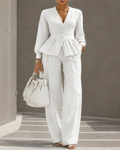 V-Neck Long-Sleeve Top & Wide-Leg Pant Set — White — 1600x2000