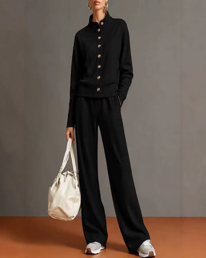 Stand-Collar Cardigan & Wide-Leg Pant Set — Black — 1600x2000