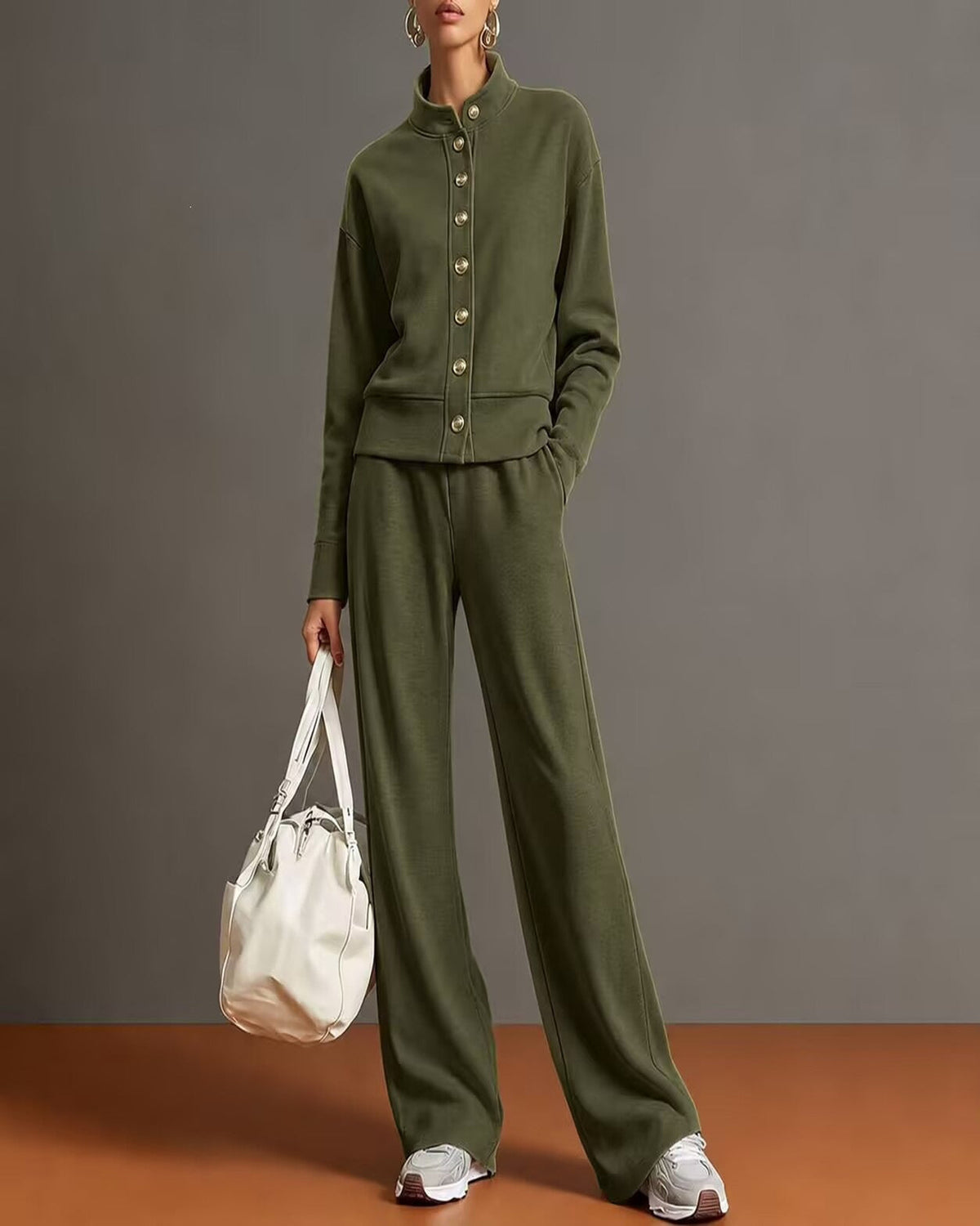 Stand-Collar Cardigan & Wide-Leg Pant Set — Army Green — 1600x2000