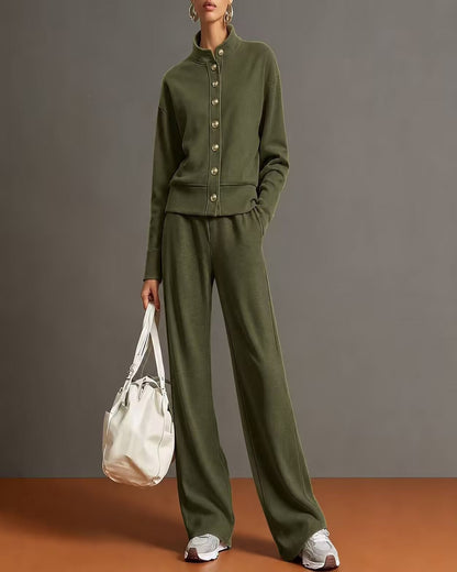 Stand-Collar Cardigan & Wide-Leg Pant Set — Army Green — 1600x2000