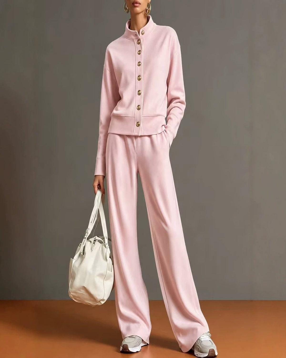 Stand-Collar Cardigan & Wide-Leg Pant Set — Pink — 1600x2000