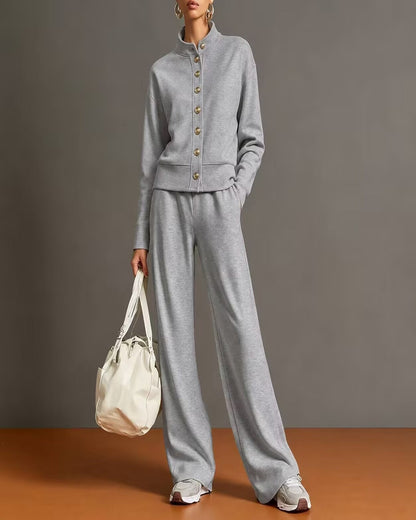 Stand-Collar Cardigan & Wide-Leg Pant Set — Dark Gray — 1600x2000
