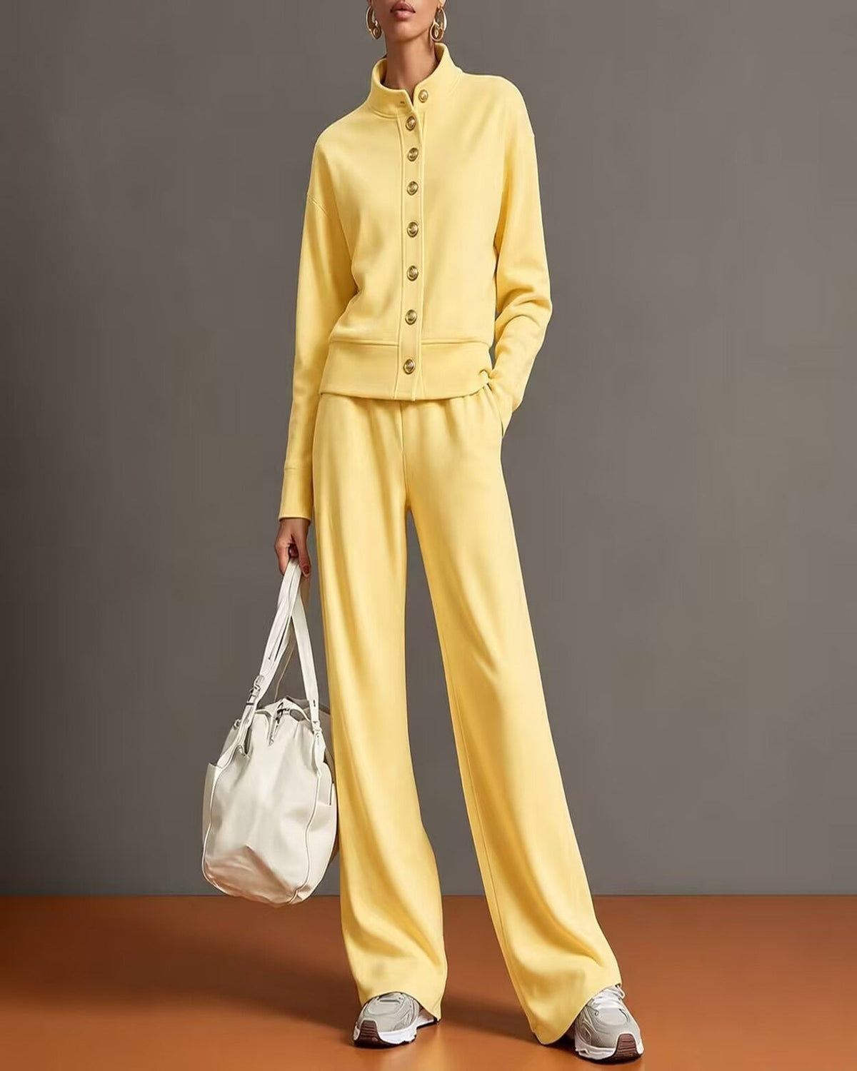 Stand-Collar Cardigan & Wide-Leg Pant Set — Yellow — 1600x2000