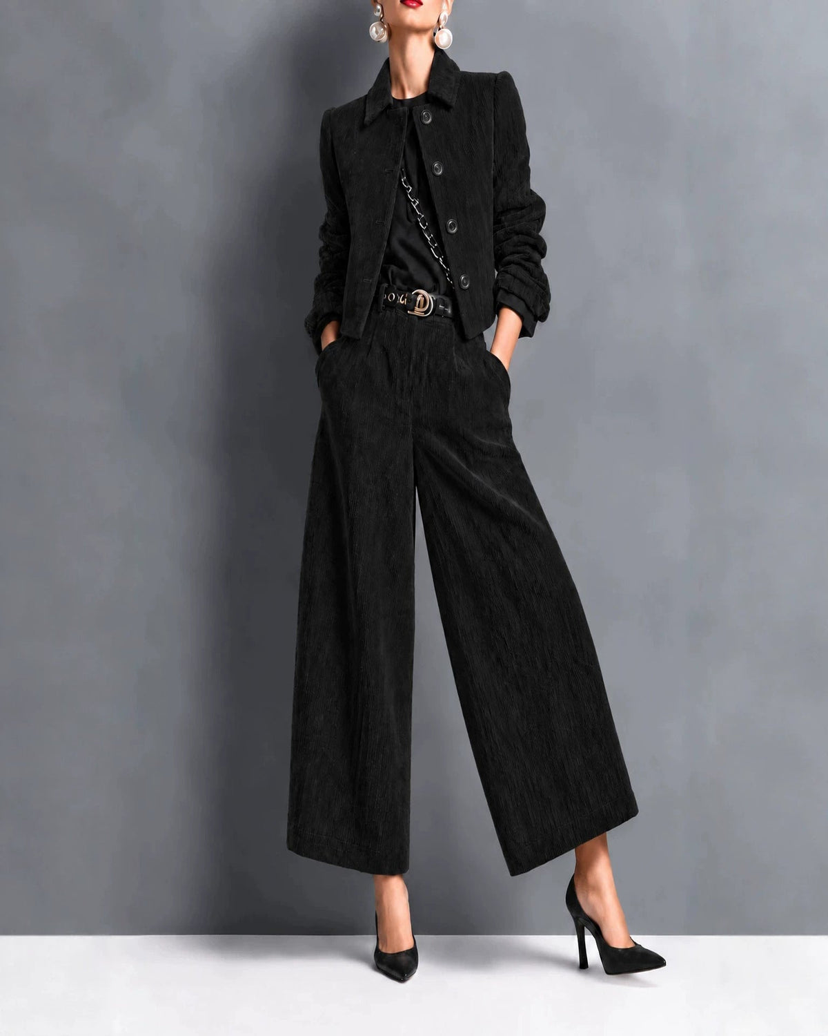 Corduroy Cropped Jacket & Wide-Leg Pant Set — Black — 1600x2000