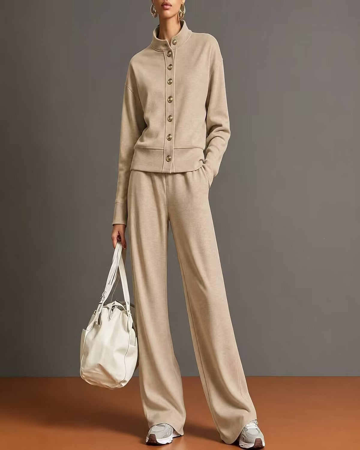 Stand-Collar Cardigan & Wide-Leg Pant Set — Khaki — 1600x2000