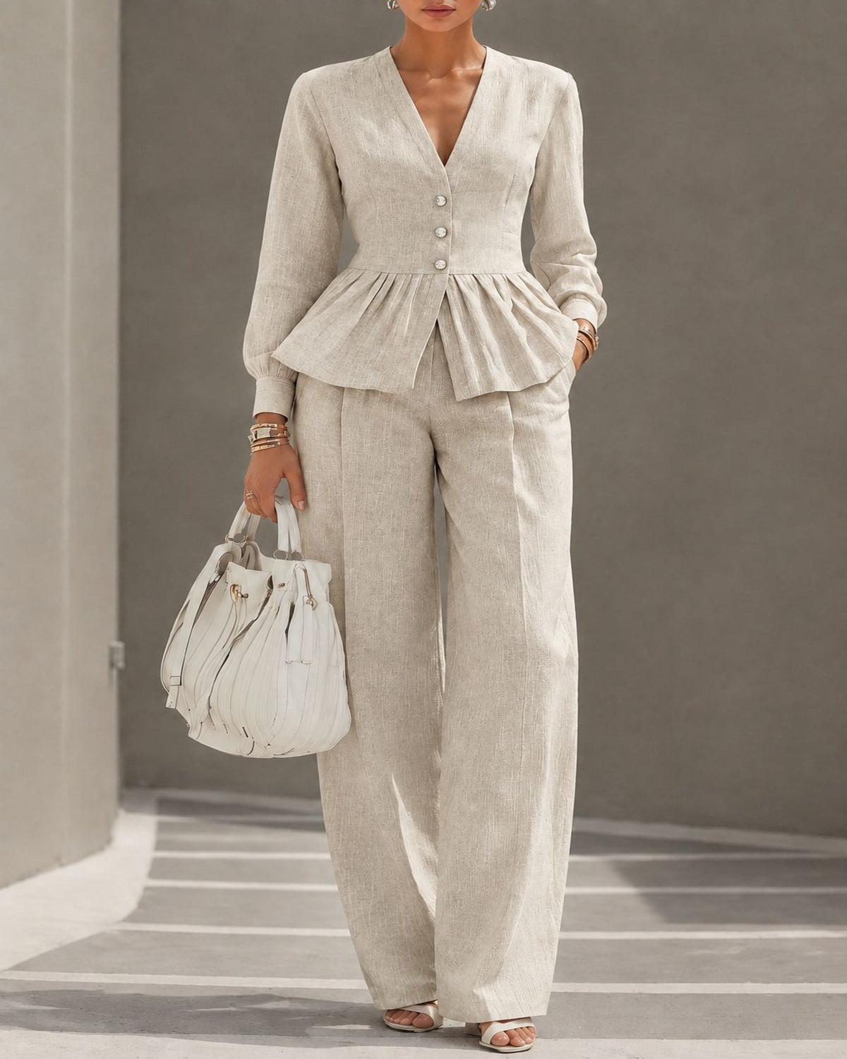 V-Neck Long-Sleeve Top & Wide-Leg Pant Set — Oatmeal — 1600x2000