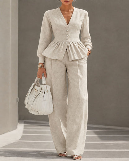 V-Neck Long-Sleeve Top & Wide-Leg Pant Set — Oatmeal — 1600x2000
