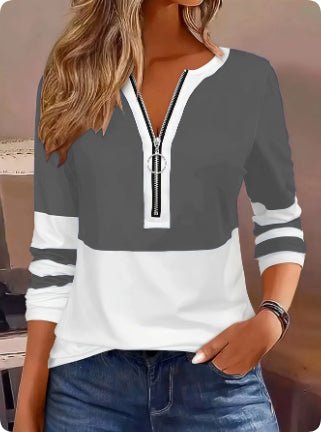 V - Collar Striped Zip T-Shirt - 2026 Winter Collection Contrast Color Long Sleeve Top – Minimal Elegance | The Simple Co – Apparel & Accessories > Clothing > Shirts & Tops, minimalist style, quiet luxury aesthetic, modern essential – The Simple Co.